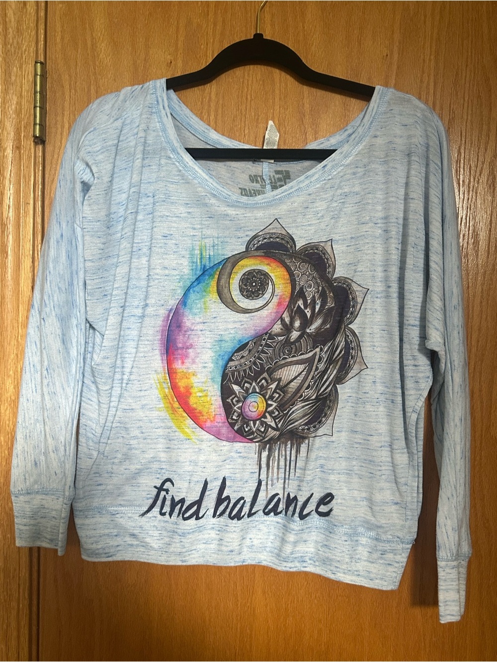 Light Blue Long-Sleeve Tee with Multicolor Yin-Yang Graphic